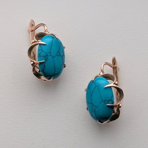 LARGE Russian Russia 14K Rose Pink Gold Turquoise Cabochon Pierced Earrings - Picture 2 of 15